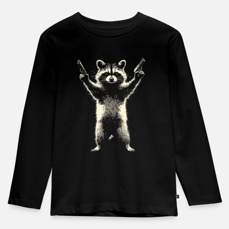 Frecher Waschbär mit 2 Pistolen - Kinder Premium Bio Langarmshirt - Schwarz