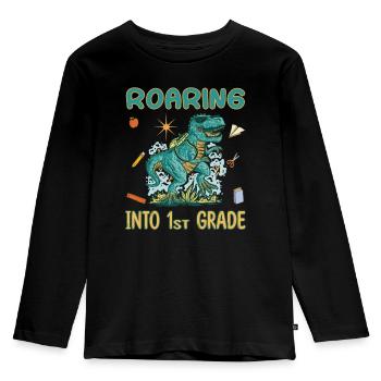 Roaring into 1st grade - Dino erster Schultag - Kinder Premium Bio Langarmshirt - Schwarz - Vorne - AI Model Kid Male (0cm)