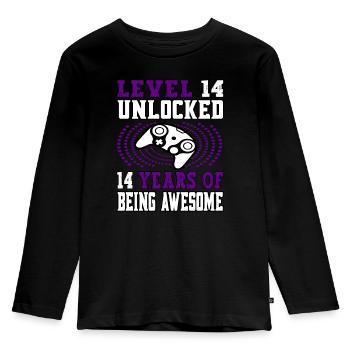 Level 14 unlocked - 14 Birthday Gamer purple - Kids' Premium Longsleeve Shirt - black - Front - AI Model Kid Male (0cm)