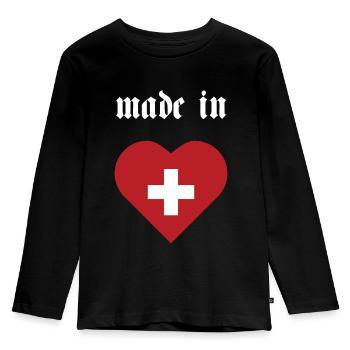 fremstillet i Schweiz Schweiz - Premium økologisk langærmet T-shirt til børn - sort - Foran - AI Model Kid Male (0cm)