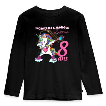 Anniversaire 8 ans Licorne Petite Fille - T-shirt manches longues Premium Enfant - noir - Devant - AI Model Kid Male (0cm)