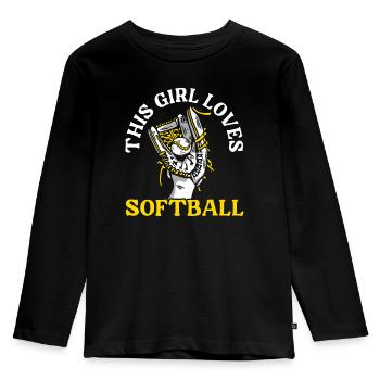 Dieses Mädchen liebt Softballspieler Pitcher Catcher - Kinder Premium Bio Langarmshirt - Schwarz - Vorne - AI Model Kid Male (0cm)