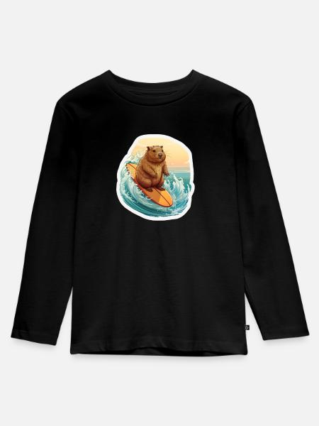 Capybara Surfer - Kinder Premium Bio Langarmshirt - Schwarz
