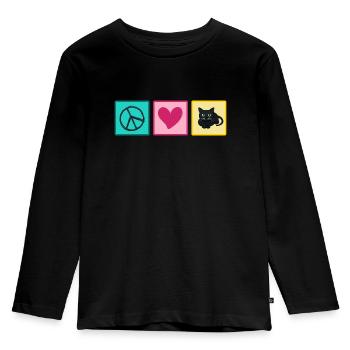 Katze Katzenhaar Mietzekatze "love peace cats" - Kinder Premium Bio Langarmshirt - Schwarz - Vorne - AI Model Kid Male (0cm)