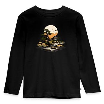 Jardin, Japon, Rivière, Arbre, Montagne, Chalet, Paysage - T-shirt manches longues Premium Enfant - noir - Devant - AI Model Kid Male (0cm)