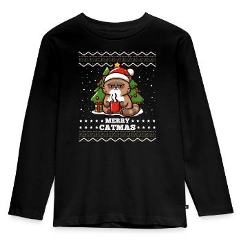 Merry Catmas Cat with Santa Hat Cute Funny - Kids' Premium Longsleeve Shirt - black - Front - AI Model Kid Male (0cm)