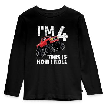 4th birthday monster truck 4 years boy gift - Kids' Premium Longsleeve Shirt - black - Front - AI Model Kid Male (0cm)