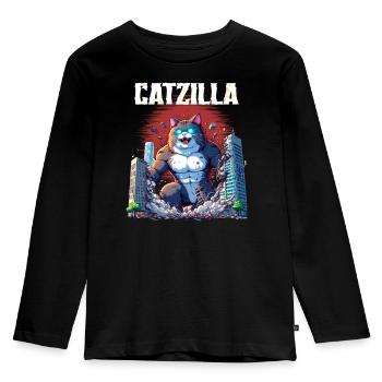 Catzilla-Invasion - Kinder Premium Bio Langarmshirt - Schwarz - Vorne - AI Model Kid Male (0cm)