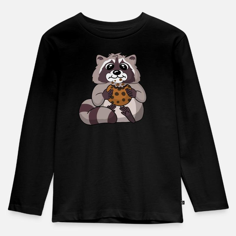 Waschbär knabbert an einem Keks - Kinder Premium Bio Langarmshirt - Schwarz