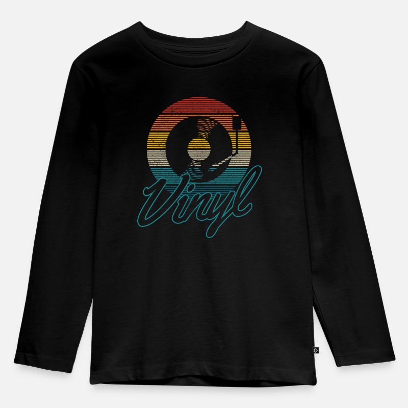 Vinyl Vintage Retro DJ Schallplatte Turntable - Kinder Premium Bio Langarmshirt - Schwarz