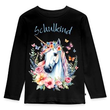 Romantisches Einhorn Blumenkranz - Schulkind 2026 - Kinder Premium Bio Langarmshirt - Schwarz - Vorne - AI Model Kid Male (0cm)