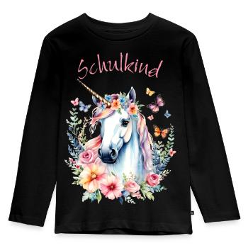 Licorne aux Fleurs Papillons - Enfant d’école 2026 - T-shirt manches longues Premium Enfant - noir - Devant - AI Model Kid Male (0cm)