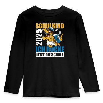 Schulkind 2025 Ich Rocke Jetzt Die Schule - Dino S - Kinder Premium Bio Langarmshirt - Schwarz - Vorne - AI Model Kid Male (0cm)