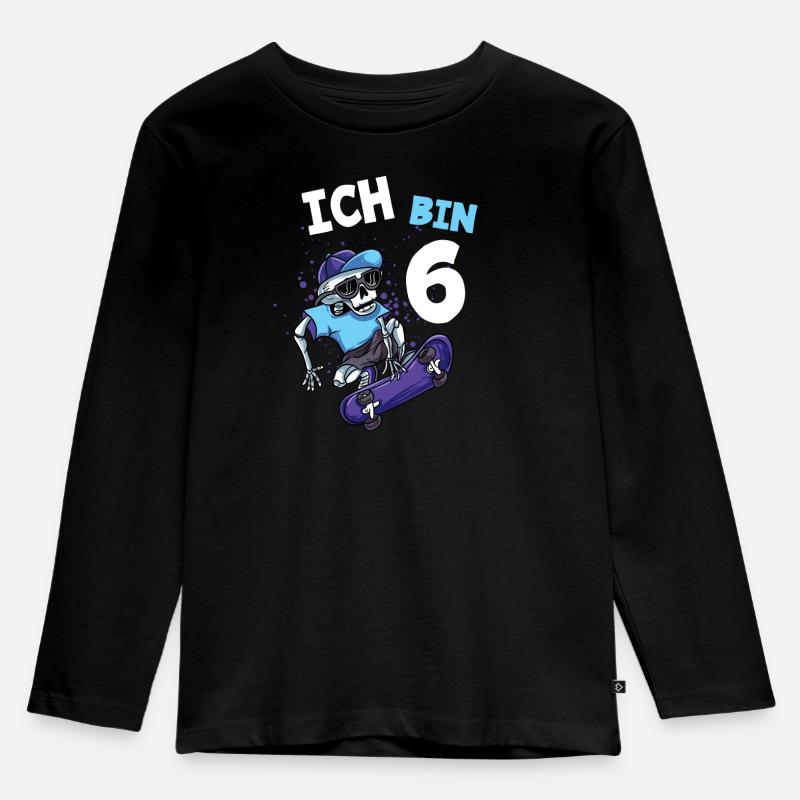 Ich bin 6 Jahre Skateboard 6. Geburtstag - Kinder Premium Bio Langarmshirt - Schwarz