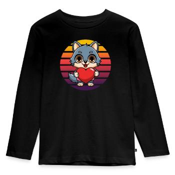 Blauer Fuchs mit Herz - Retro Vintage Sunset - Kinder Premium Bio Langarmshirt - Schwarz - Vorne - AI Model Kid Male (0cm)