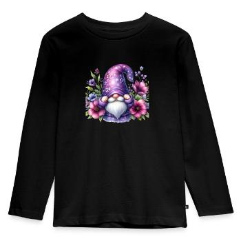 Gnome - Gartenzwerg in Lila mit Blumen - Kinder Premium Bio Langarmshirt - Schwarz - Vorne - AI Model Kid Male (0cm)