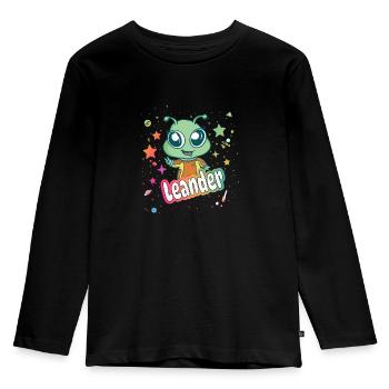 LEANDER - Schöner Junge Name mit süßem Alien - Kinder Premium Bio Langarmshirt - Schwarz - Vorne - AI Model Kid Male (0cm)