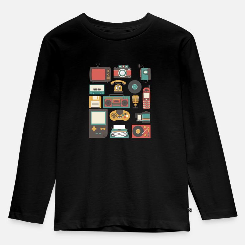Vintage 90er Jahre Technologie Alte Gadgets TShirt - Kinder Premium Bio Langarmshirt - Schwarz