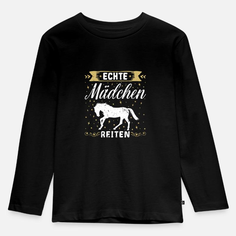 Echte Mädchen Reiten Pferde Geschenk - Kinder Premium Bio Langarmshirt - Schwarz