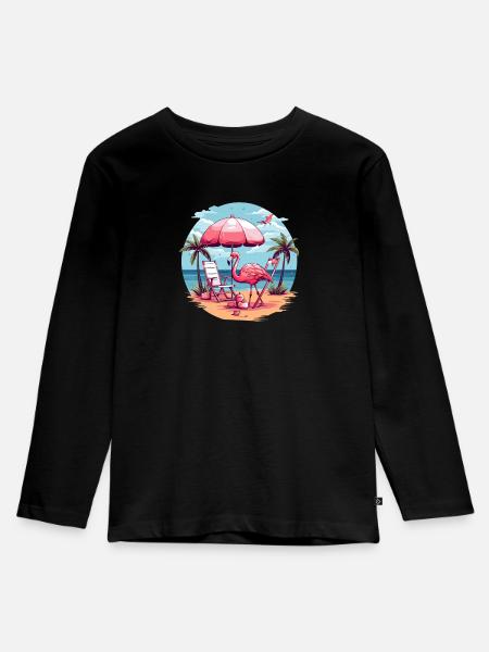 Flamingo am Strand - Kinder Premium Bio Langarmshirt - Schwarz