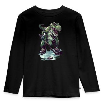 Eishockey T-Rex Trex Dino Dinosaurier - Puck Stick - Kinder Premium Bio Langarmshirt - Schwarz - Vorne - AI Model Kid Male (0cm)