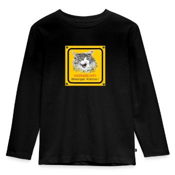 Katze lustig bissig Warnschild Achtung Vorsicht - Kinder Premium Bio Langarmshirt - Schwarz - Vorne - AI Model Kid Male (0cm)