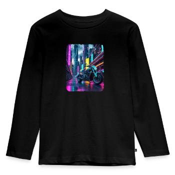 Chrom Motorrad in Neon City - Kinder Premium Bio Langarmshirt - Schwarz - Vorne - AI Model Kid Male (0cm)