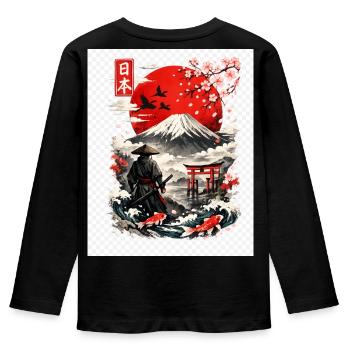 Samurai am Fuji: Koi, Torii & Kirschblüten - Kinder Premium Bio Langarmshirt - Schwarz - Hinten - AI Model Kid Male (0cm)