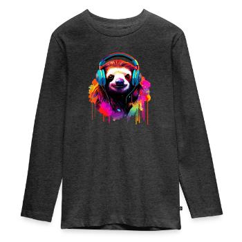 Faultier mit Kopfhörer Musik Faul Müde Faultiere - Teenager Premium Bio Langarmshirt - Anthrazit meliert - Vorne - AI Model Kid Female (0cm)