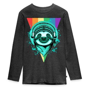 Faultier mit Kopfhörern & Regenbogen - Teenager Premium Bio Langarmshirt - Anthrazit meliert - Vorne - AI Model Kid Female (0cm)