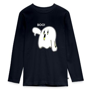 BOO - Geist - Gespenst - gespenstisch - Geschenk - Teenager Premium Bio Langarmshirt - Navy - Vorne - AI Model Kid Female (0cm)