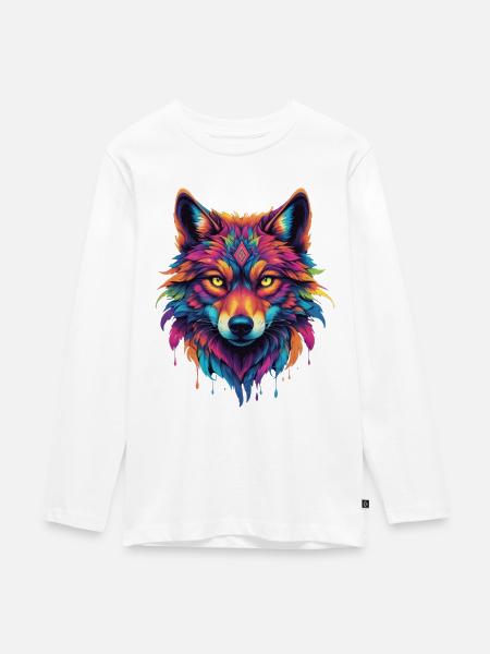 Bunter Wolf Kopf - Teenager Premium Bio Langarmshirt - Weiß