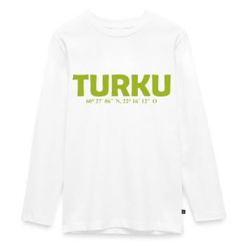 Turku Finland - Coördinaten - Lengtegraad - Breedtegraad - Tieners Premium Bio shirt met lange mouwen - wit - Voor - AI Model Kid Female (0cm)