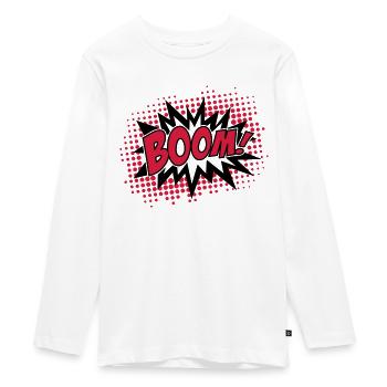 BOOM, comic, speech bubble, cartoon, balloon, dots - Teenager Premium Organic Long Sleeve Shirt - white - Front - AI Model Kid Female (0cm)