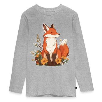 Fuchs mit Blumen - Teenager Premium Bio Langarmshirt - Grau meliert - Vorne