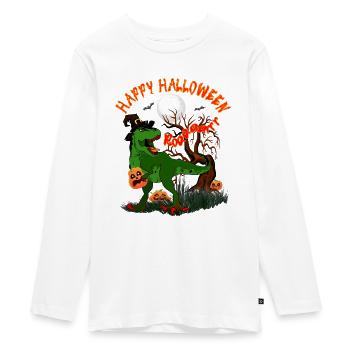 HAPPY HALLOWEEN T-REX WITH PUMPKIN - Teenager Premium Organic Long Sleeve Shirt - white - Front - AI Model Kid Female (0cm)