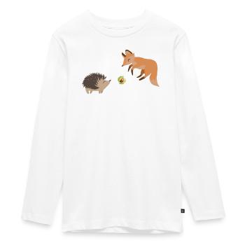 Fuchs und Igel spielen mit einer Kastanie Fußball - Teenager Premium Bio Langarmshirt - Weiß - Vorne - AI Model Kid Female (0cm)