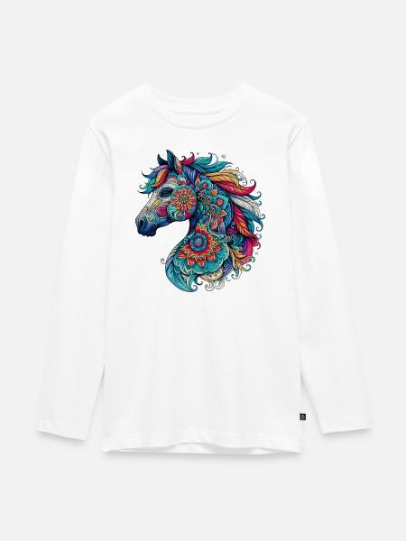 Pferd mit Mandalas verziert - Teenager Premium Bio Langarmshirt - Weiß
