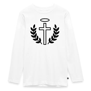 Christliches Kreuz mit Heiligenschein & Lorbeer - Teenager Premium Bio Langarmshirt - Weiß - Vorne - AI Model Kid Female (0cm)