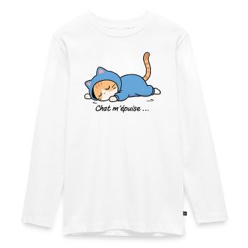 Schlafende Katze im blauen Hoodie, Katze erschöpft mich - Teenager Premium Bio Langarmshirt - Weiß - Vorne - AI Model Kid Female (0cm)