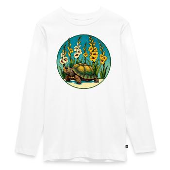 Sonnenbeschienene Schildkröte im Blumenbeet - Teenager Premium Bio Langarmshirt - Weiß - Vorne - AI Model Kid Female (0cm)