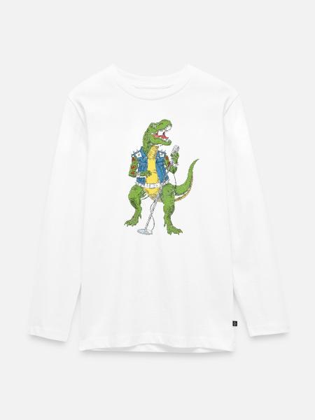 Dino Rock star mit Mikro - Teenager Premium Bio Langarmshirt - Weiß