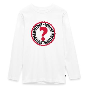 Question Everything Stamp - Teenager Premium Organic Long Sleeve Shirt - white - Front - AI Model Kid Female (0cm)