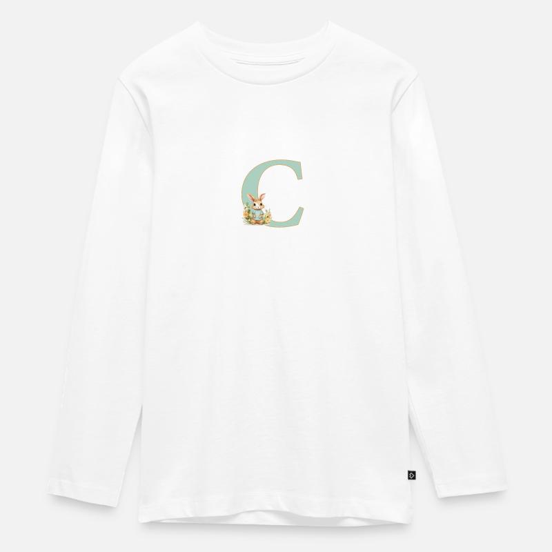 Lettre C, Monogramme, Fleurs, Lapin - T-shirt manches longues Premium Ado - blanc