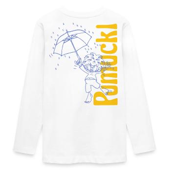 Pumuckl Mit Regenschirm Und Schriftzug - Teenager Premium Bio Langarmshirt - Weiß - Hinten - AI Model Kid Female (0cm)