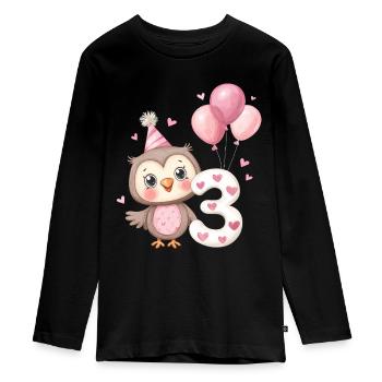 Eule zum dritten Geburtstag mit Luftballons - Teenager Premium Bio Langarmshirt - Schwarz - Vorne - AI Model Kid Female (0cm)