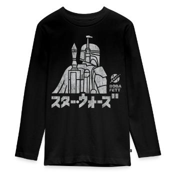 Star Wars: Mandalorian Boba Fett & Schriftzeichen  - Teenager Premium Bio Langarmshirt - Schwarz - Vorne - AI Model Kid Female (0cm)