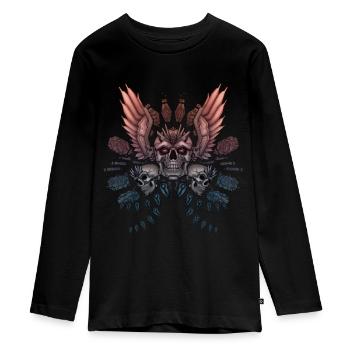 Mechanical Skull + Wings - Teenager Premium Organic Long Sleeve Shirt - black - Front - AI Model Kid Female (0cm)