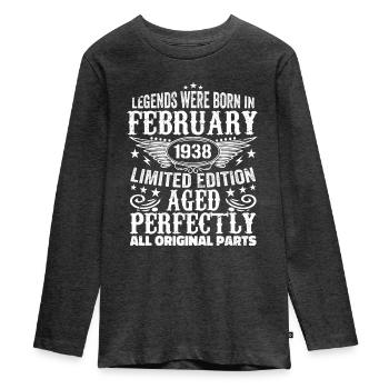 Legendär seit Februar 1938 - 86 Jahre alt - Teenager Premium Bio Langarmshirt - Anthrazit meliert - Vorne - AI Model Kid Female (0cm)