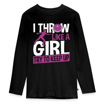 Diskuswerfen Diskuswerfer Geschenk - Teenager Premium Bio Langarmshirt - Schwarz - Vorne - AI Model Kid Female (0cm)